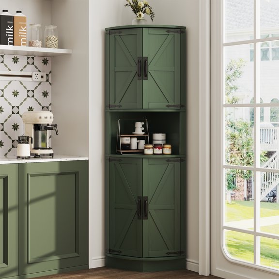 Vabches Farmhouse 64.8" Tall Corner Cabinet with 4 Doors and 5 Storage Shelves, Corner Storage Cabinet for Kitchen, Living Room