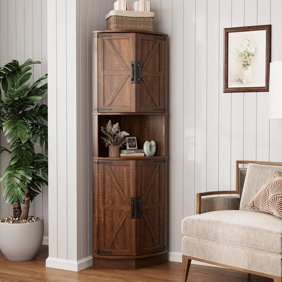 Vabches Farmhouse 64.8'' Tall Corner Cabinet with 4 Doors and 5 Storage Shelves for Kitchen, Living Room, Brown
