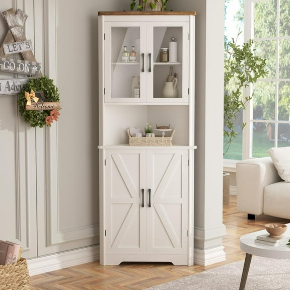 Vabches Farmhouse 67" Tall Corner Cabinet with 4 Barn Doors, 5 Tier Corner Storage Cabinet with Glass Door Adjustable Shelves for Bathroom,Living Room,Kitchen