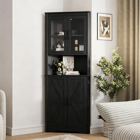 Vabches Farmhouse 67" Tall Corner Cabinet with 4 Barn Doors, 5 Tier Corner Storage Cabinet with Glass Door Adjustable Shelves for Bathroom,Living Room,Kitchen
