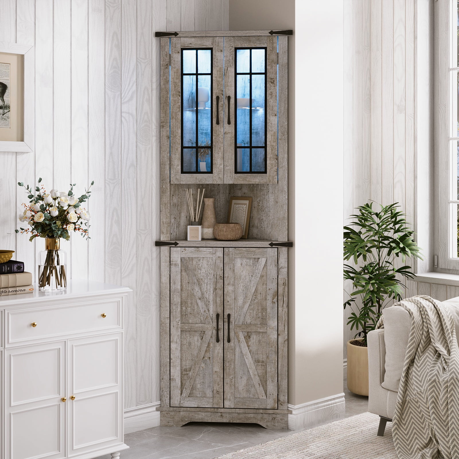 Farmhouse Storage Cabinet With Barn Doors - Adjustable Shelves For Kitchen, Living Room, Bathroom