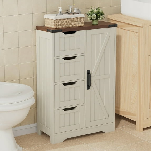 Vabches Farmhouse Bathroom Floor Cabinet, Side Storage Organizer with 4 Drawers and 1 Barn Doors & Adjustable Shelf, Storage Cabinet for Bathroom