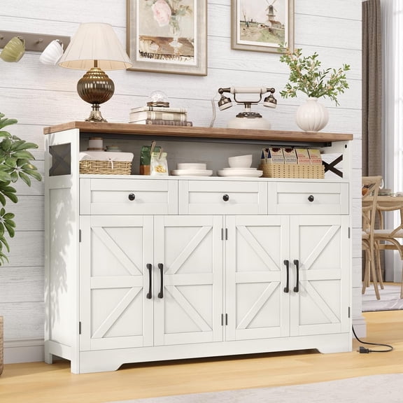 Vabches Farmhouse Buffet Cabinet with Drawers and 4 Barn Doors, 47.2'' Wood Sideboard Storage Cabinet with Open Shelf for Kitchen, Living Room, Hallway, White
