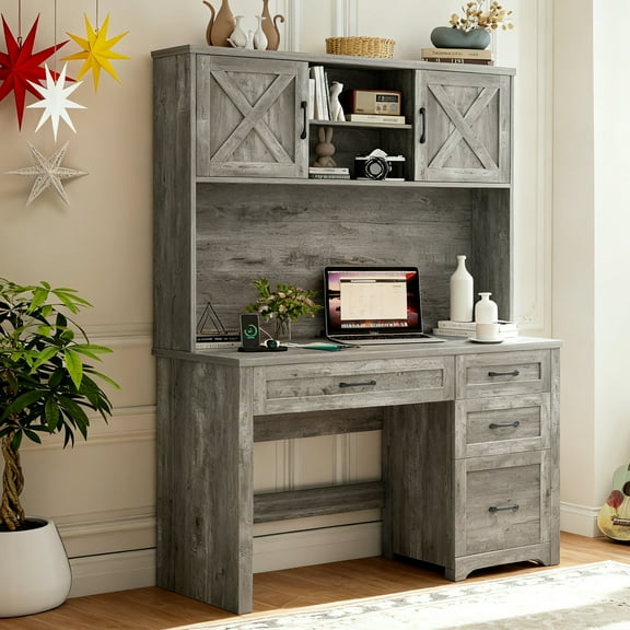 Vabches Farmhouse Executive Desk with Hutch and LED Light, 67" H Wood Office Computer Desk with Charging Station and File Cabinet & Large Cabinet, Workstation for Study
