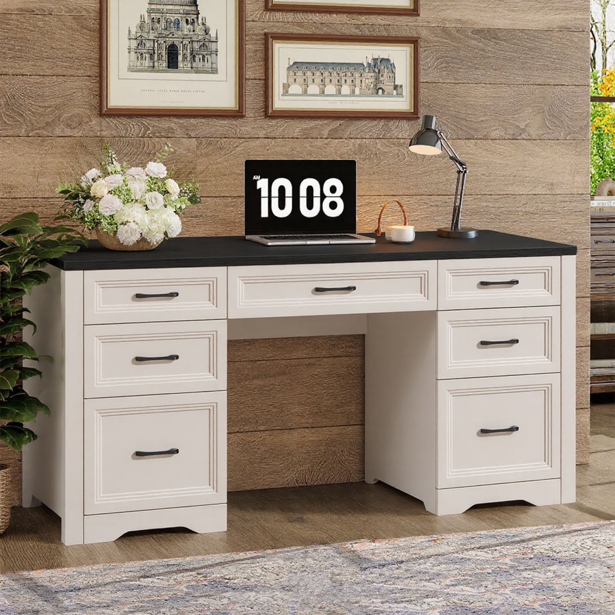 Vabches Farmhouse Executive Desk with 2 Large File Drawers and 5 Drawers, 60" Executive Desk, Workstation Table for Study