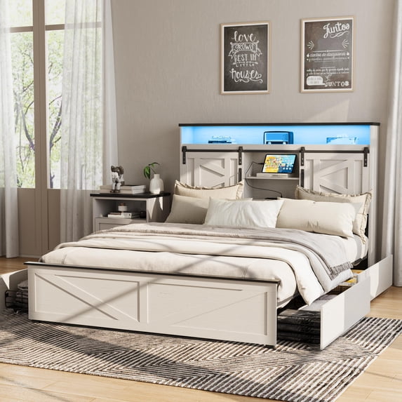 Vabches Farmhouse Full Size Bed Frame with 4 Drawers and Bookcase Headboard,Sliding Barn Door Platform Bed with LED Light & Power Outlets, Antique White