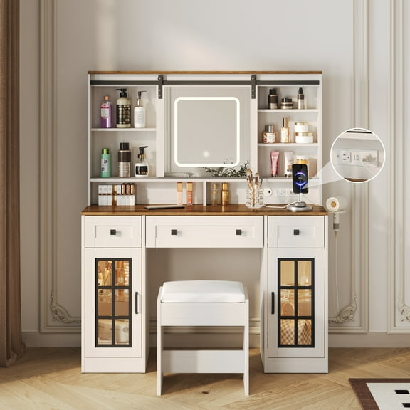Vabches Farmhouse Makeup Vanity Desk with Sliding Mirror Large Vanity Table with 3 Drawers and Charging Station, White