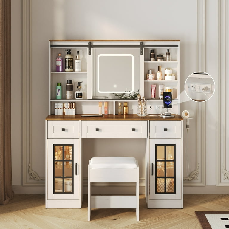 Vabches Farmhouse Vanity Desk with Mirror, 3 Drawers, Charging