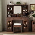 thumbnail image 1 of Vabches Farmhouse Makeup Vanity Desk with Sliding Mirror Vanity Table with 3 Drawers,2 Cabinets and Charging Station, Brown, 1 of 11