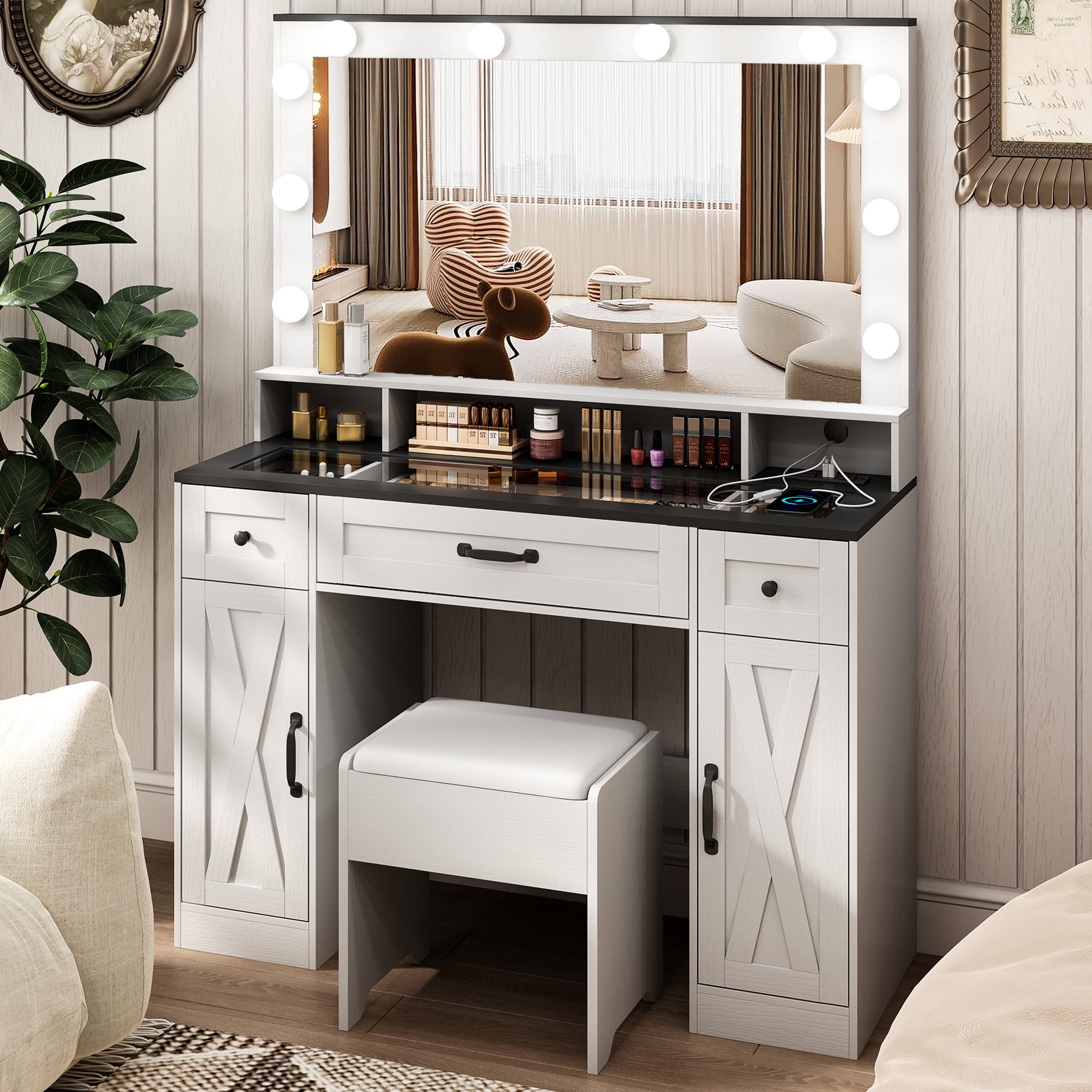 Vabches Farmhouse Makeup Vanity Set with Large Mirror and Lights, Glass ...