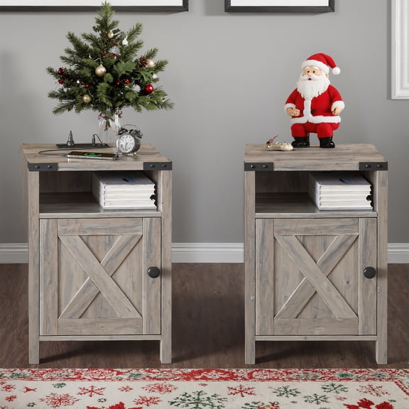 Vabches Farmhouse Nightstands Set of 2, Small End Bedside Tables with Charging Station & Barn Door Open Compartment