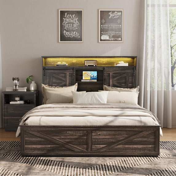 Vabches Farmhouse Queen Size Bed Frame with 4 Drawers and Bookcase Headboard,Sliding Barn Door Platform Bed with LED Light & Power Outlets, Dark Rustic Oak