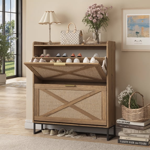 Vabches Farmhouse Shoe Storage Cabinet with 2 Flip Drawers & 1 Compartment, Hidden Narrow Shoe Rack Cabinet with Adjustable Shelves for Entryway, Hallway