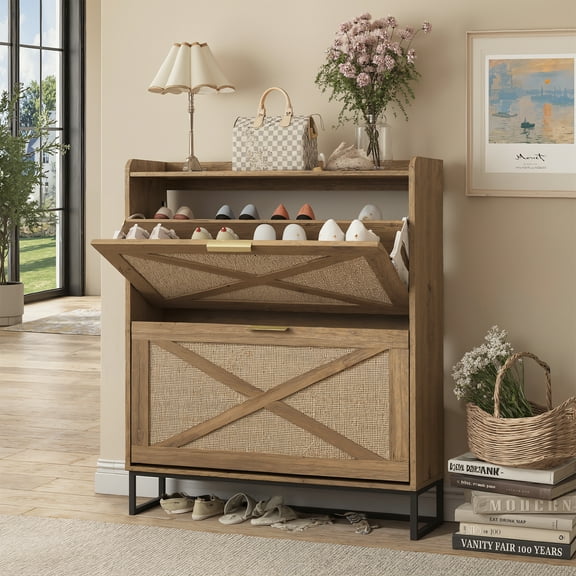Vabches Farmhouse Shoe Storage Cabinet with 2 Flip Drawers & 1 Compartment, Hidden Narrow Shoe Rack Cabinet with Adjustable Shelves for Entryway, Hallway