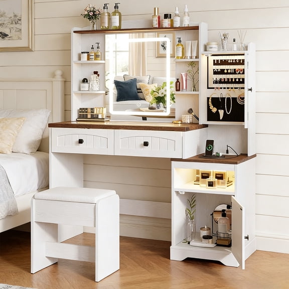 Vabches Farmhouse Vanity Desk Set with LED Lights Mirror & Glass Top, Large Makeup Table with RGB Light, Jewelry Cabinet & Power Outlet & Chair for Girls, White