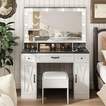 Vabches Farmhouse Vanity Set with Large Mirror and Lights, Glass Top Makeup Dressing Table with 3 Drawers & 2 Storage Cabinets, White