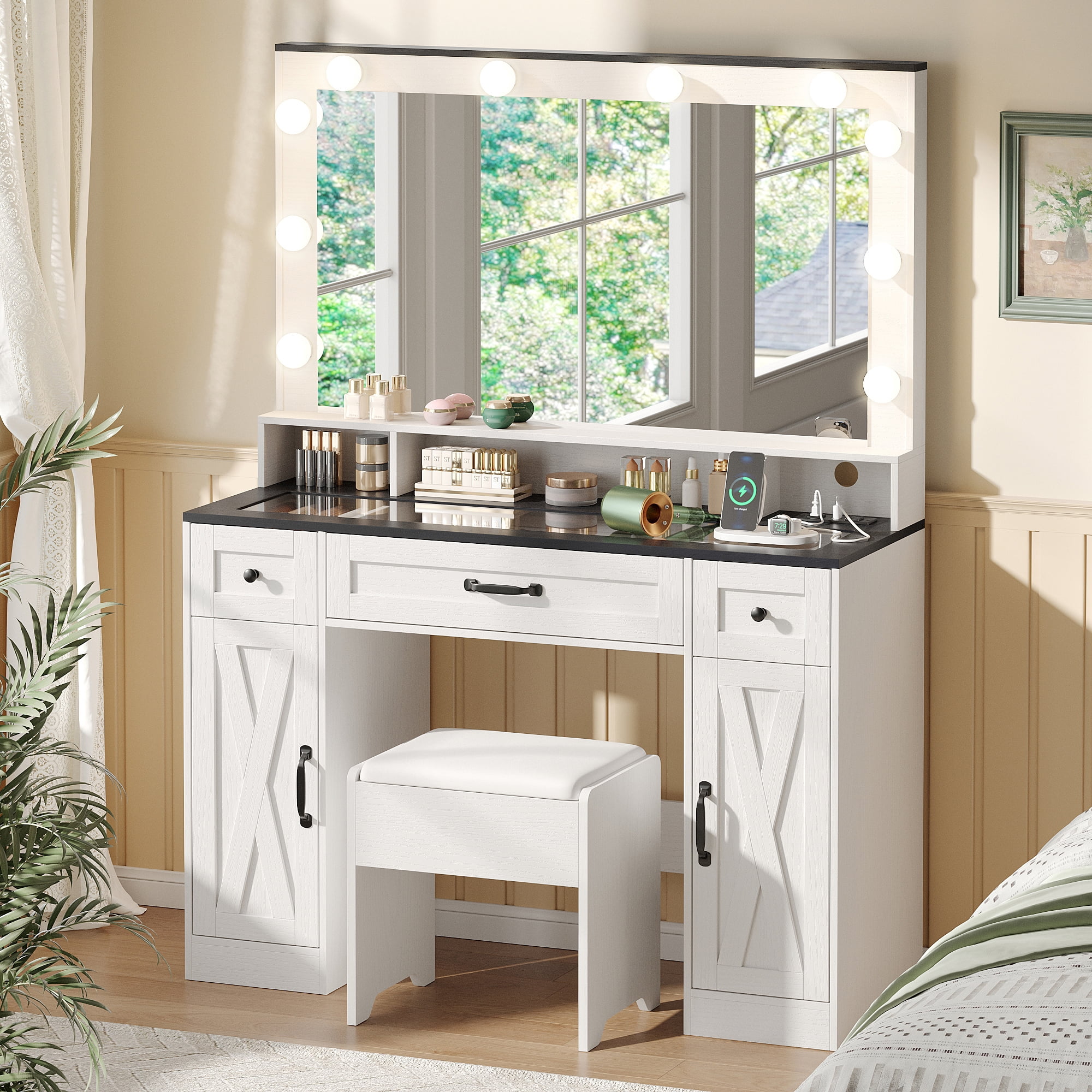 Vabches Glass Top Desk with Drawer, Farmhouse Vanity Set with Lighted Mirror and USB Port, White