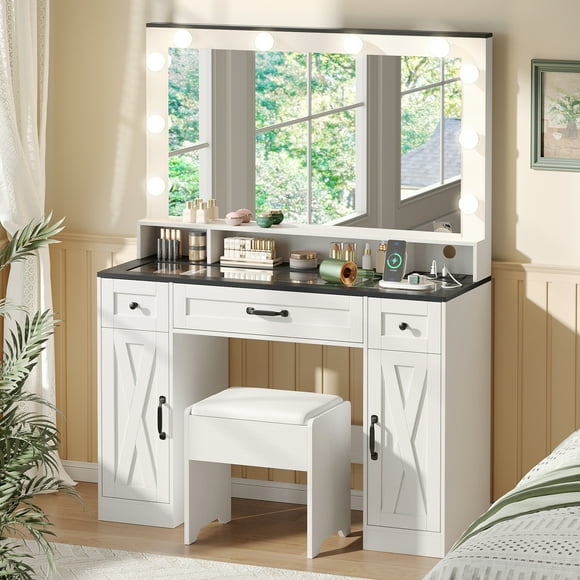 Vabches Glass Top Desk with Drawer, Farmhouse Vanity Set with Lighted Mirror and USB Port, White