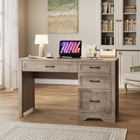 Vabches Farmhouse Wood 47.2"W Executive Desk, Home Office Computer Writing Desk with Storage and File Drawer for Bedroom
