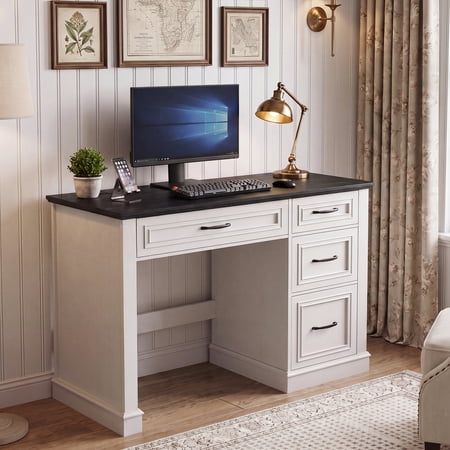 Vabches Farmhouse Wood 47" Executive Desk, Home Office Computer Desk with Charging Station and File Drawer