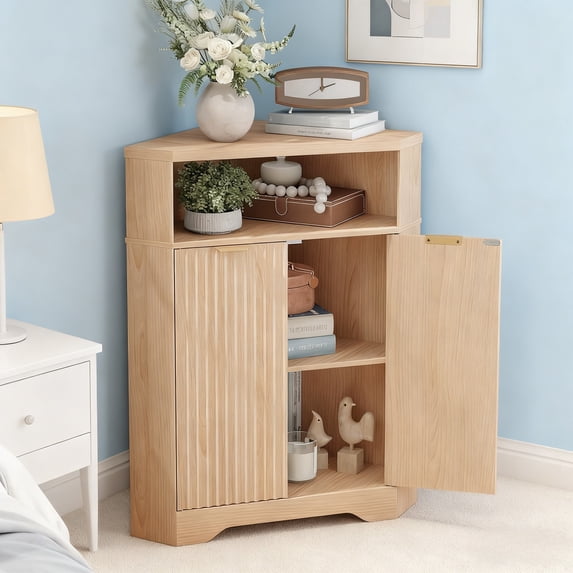 Vabches Fluted Corner Cabinet for Small Space, Modern Corner Storage Cabinet with 2 Doors and Adjustable Shelf for Bathroom, Kitchen, Living Room, Natural