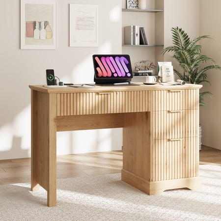 Vabches 47" Fluted Executive Desk with Power Outlet & File Drawer, Home Office Computer Desk with USB Charging Station