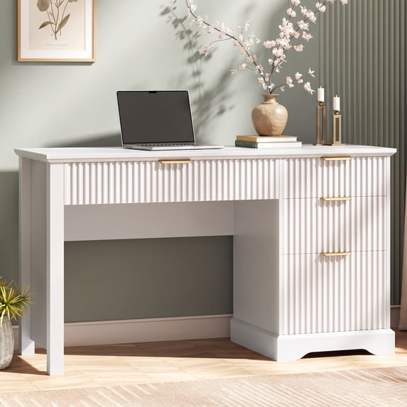 Vabches Fluted Executive Desk with File Drawer, Wood Home Office Desk with Large Drawers, Modern Computer Writing Desk for Study-White