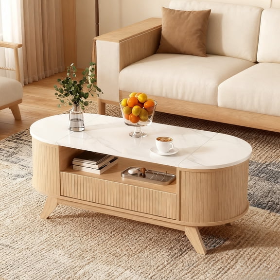 Vabches Fluted Oval Coffee Table with Storage Drawers, Modern Wooden Center Table with Hidden Storage Space, Open Shelf, Natural Wood