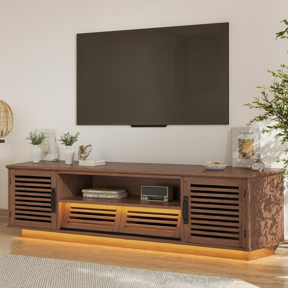 Vabches Fluted Slatted TV Stand for TVs Up To 60", Wood Entertainment Center with LED Lights, Adjustable Shelves and Drawers for Living Room, Walnut Brown