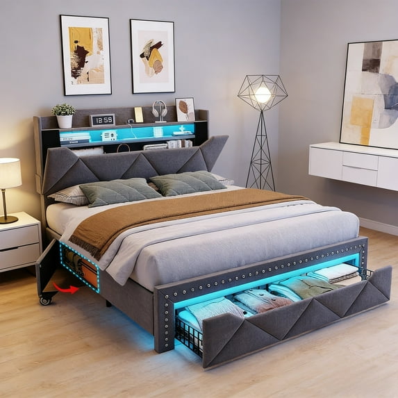 Vabches Full Bed Frame with LED Lights & Large Drawers, Upholstered Linen Bed Frame with Charging Station, Sliding Doors and Hidden Storage Space, No Box Spring Needed