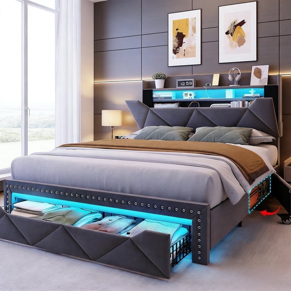 Vabches Queen Bed Frame with LED Lights & Large Drawers, Upholstered Linen Bed Frame with Charging Station, Sliding Doors and Hidden Storage Space, No Box Spring Needed