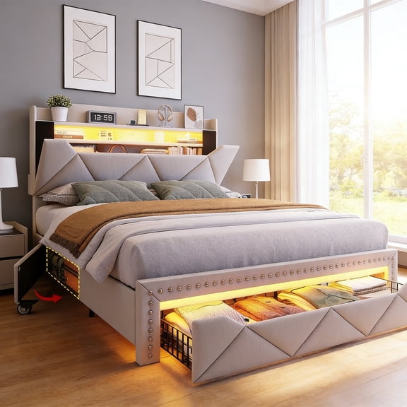Vabches Queen Bed Frame with LED Lights & Large Drawers, Upholstered Linen Bed Frame with Charging Station, Sliding Doors and Hidden Storage Space, No Box Spring Needed