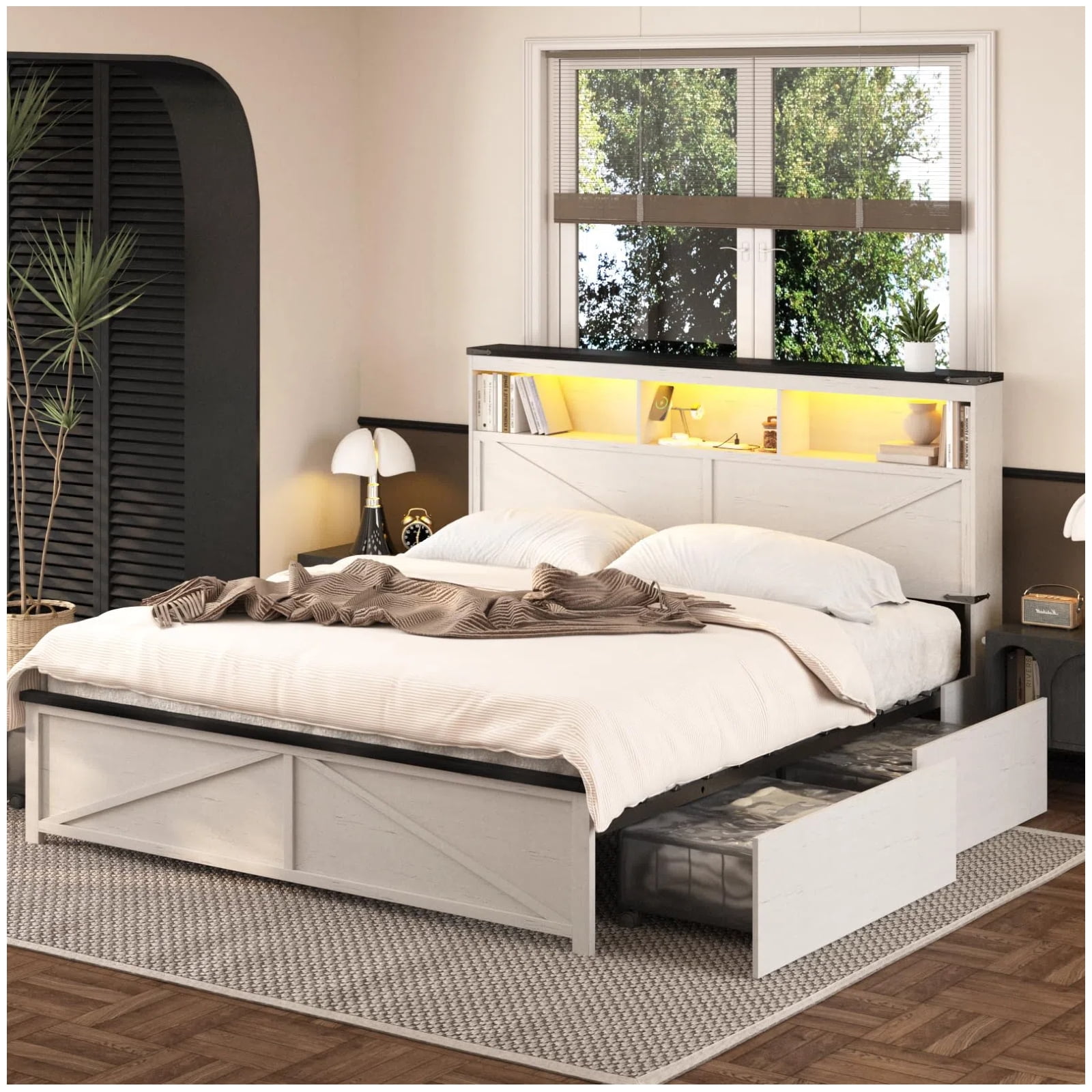 Vabches Full Size Bed Frame Metal Platform Bed Frame with Charging Station and 4 Storage Drawers,Noise-Free/No Box Spring Needed,White