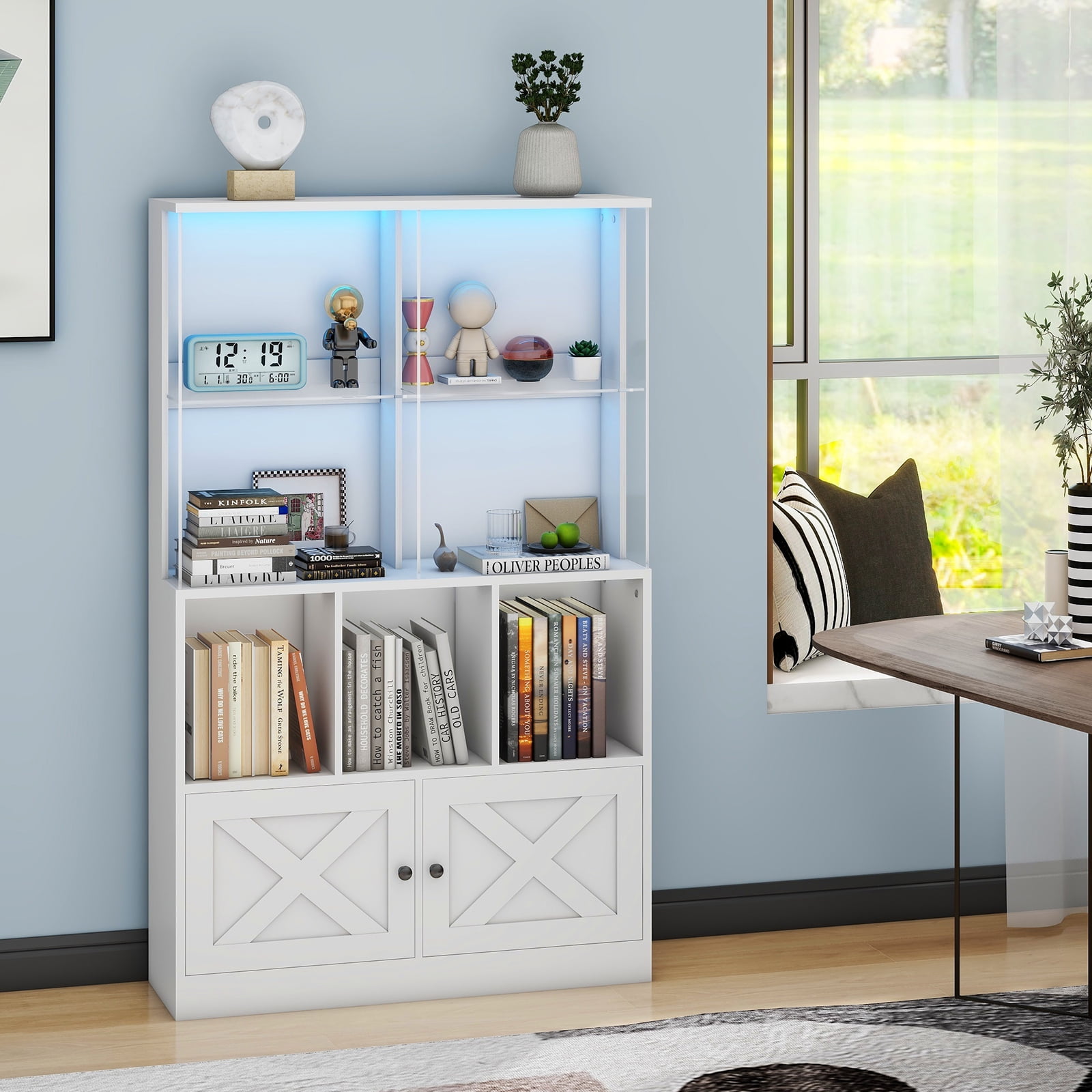 Vabches Wooden Bookshelf with LED Lights, 3-Shelf Display Case with ...