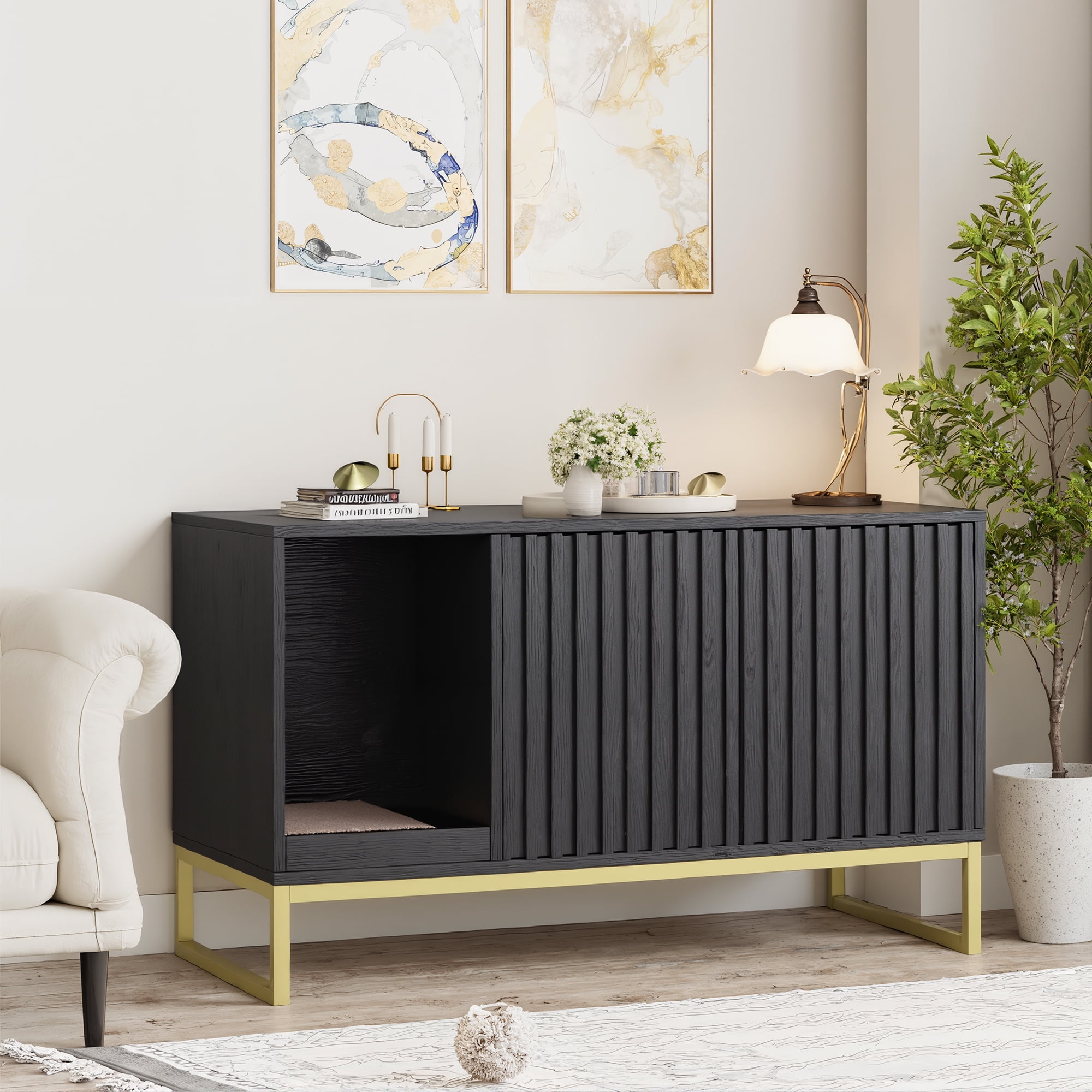 Vabches Hidden Cat Litter Box Enclosure Furniture, Multi-Functional Cat Washroom Bench with Cat Scratching Pad and Fluted Doors