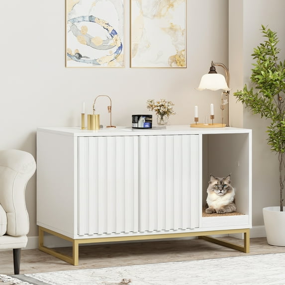 Vabches Hidden Cat Litter Box Enclosure Furniture, Multi-Functional Cat Washroom Bench with Cat Scratching Pad and Fluted Doors