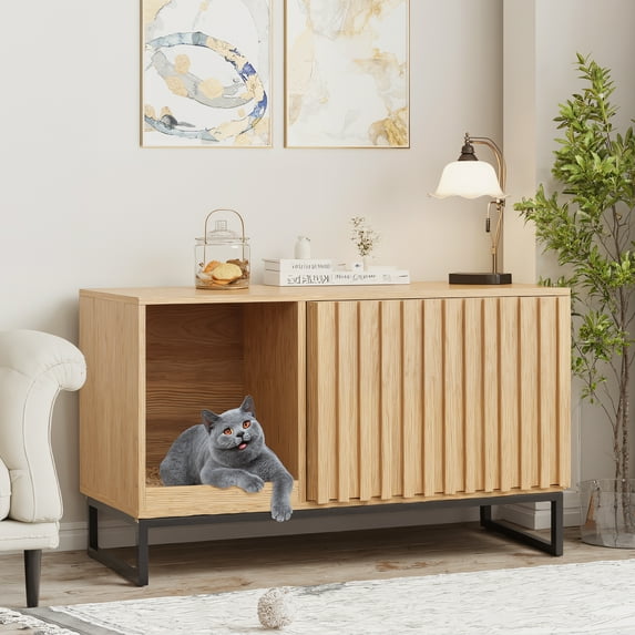 Vabches Hidden Cat Litter Box Enclosure Furniture, Multi-Functional Cat Washroom Bench with Cat Scratching Pad and Fluted Doors