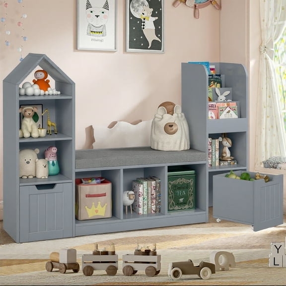 Vabches Kids Bookshelf with Reading Nook, 3 Wood Toy Bin for Nursery Kids Room, Kids Toy Storage Cabinet with 7 Cubby and Seat Cushion,