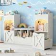 thumbnail image 1 of Vabches Kids Bookshelf with Reading Nook & LED Lights, Castle-Shaped Kids Toy Organization with 2 Movable Drawers & 5 Shelves and Bench, 1 of 7