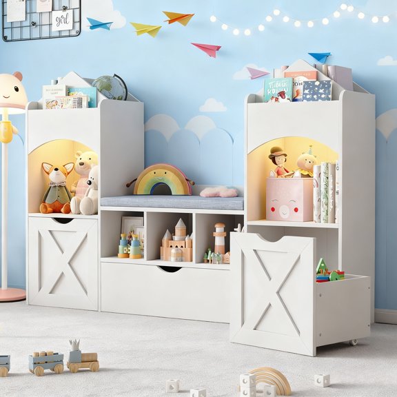 Vabches Kids Bookshelf with Reading Nook & LED Lights, Castle-Shaped Kids Toy Organization with 2 Movable Drawers & 5 Shelves and Bench