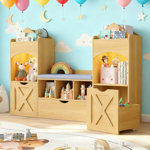 Vabches Kids Bookshelf with Reading Nook & LED Lights, Castle-Shaped Kids Toy Organization with 2 Movable Drawers & 5 Shelves and Bench
