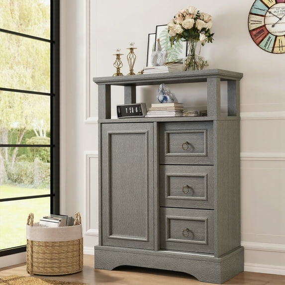 Vabches Kitchen Pantry Storage Cabinet with 3 Drawers, Vintage Floor Cabinet with Adjustable Shelves and Open Shelves for Kitchen,Living Room,Home Office