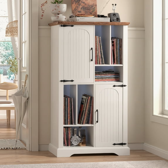 Vabches Large Record Player Stand, FarmhouseTurntable Stand Table Holds Up To 400 Albums, Vinyl Record Storage Cabinet for Living Room, Office