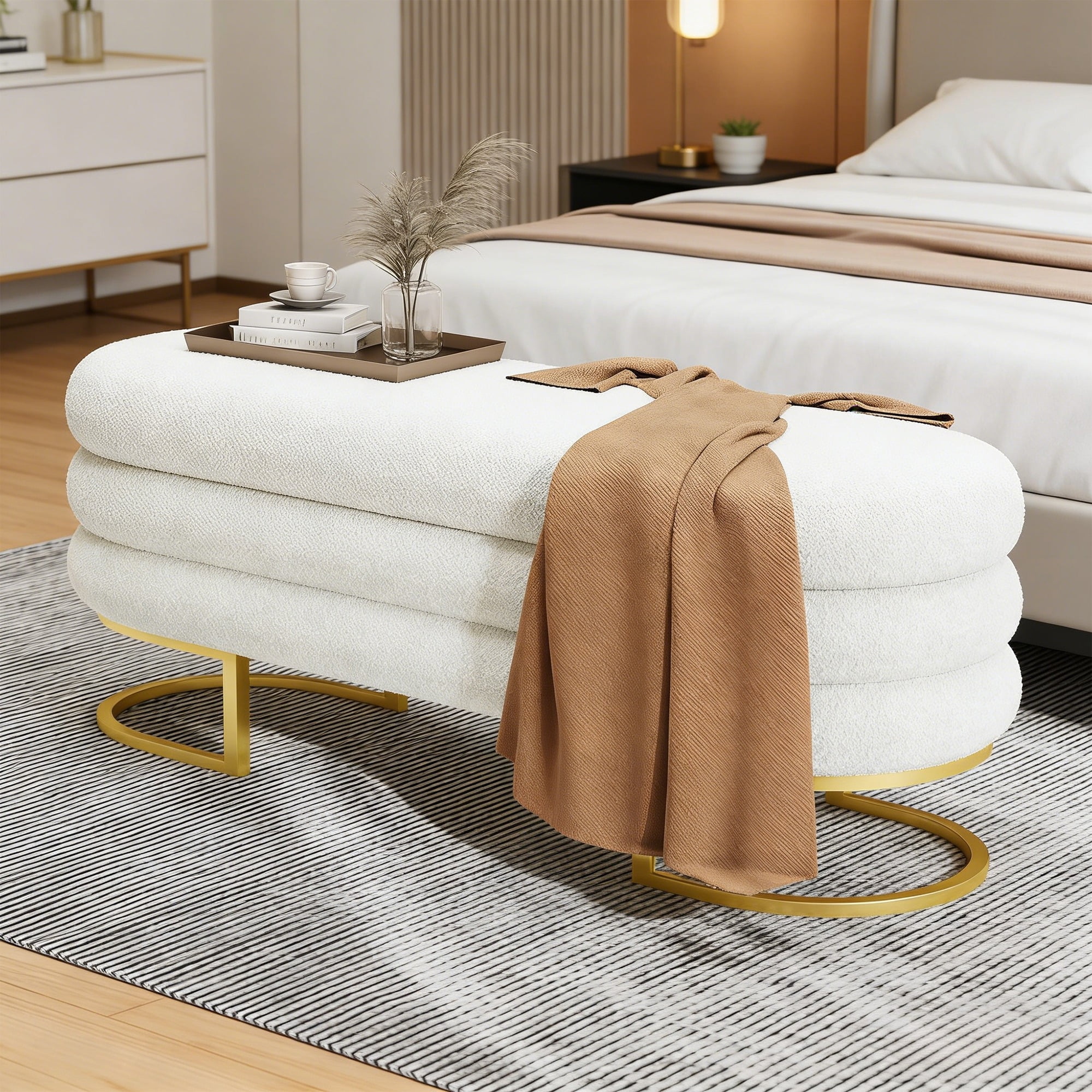 Vabches Large Storage Ottoman Bench with Golden Metal Leg, 48.8" Linen Upholstered Storage Bench for Living Room, Bedroom, Entryway, Beige