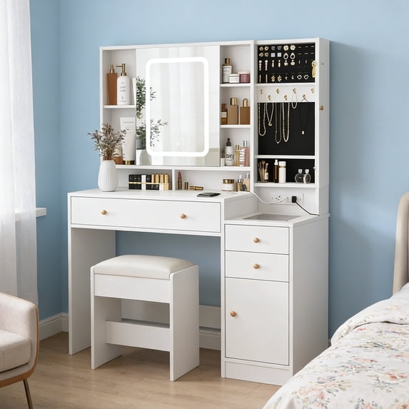Vabches Large Vanity Desk Set with Sliding Lighted Mirror, Modern Makeup Table with Cushion Stool, Visible Drawers, 3 Drawers and Jewelry Cabinets & Charging Station
