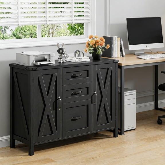 Vabches Lateral File Cabinet 3 Drawers with 2 Barn Doors, Farmhouse Filing Cabinet with Adjustable Shelf for Home Office