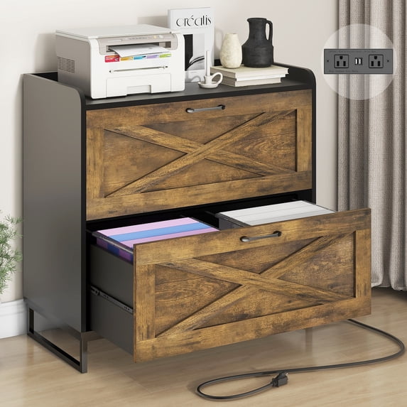 Vabches Lateral File Cabinet with Charging Station for Letter/Legal/A4 Size Hanging Files, Brown