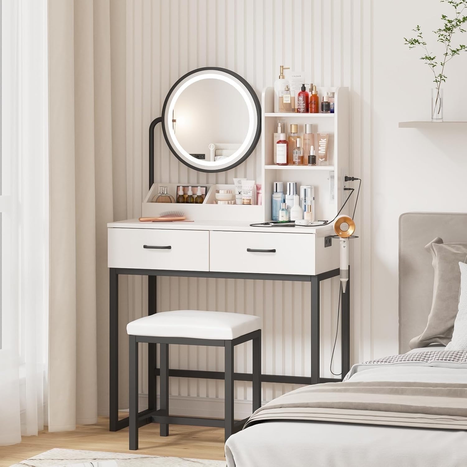 VEANERWOOD Makeup Vanity with Round Mirror and Lights, White Vanity Makeup Table with Charging Station, Small Vanity Table for Bedroom, 3 Lighting Modes, 31.5in(L)