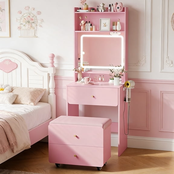 Vabches Modern Small Vanity Desk Sets with Mirror and Lights, 23.62"W Makeup Table with Charger Station, Storage Chair and 3 Models Light for Small Space