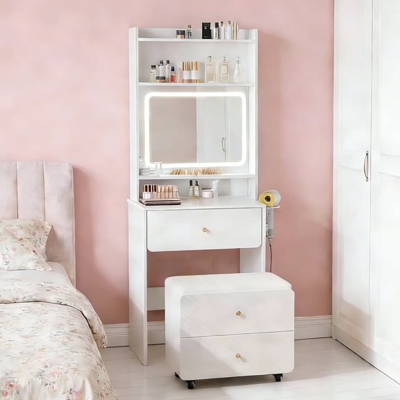 Vabches Modern Small Vanity Desk Sets with Mirror and Lights, 23.62"W Makeup Table with Charger Station, Storage Chair and 3 Models Light for Small Space